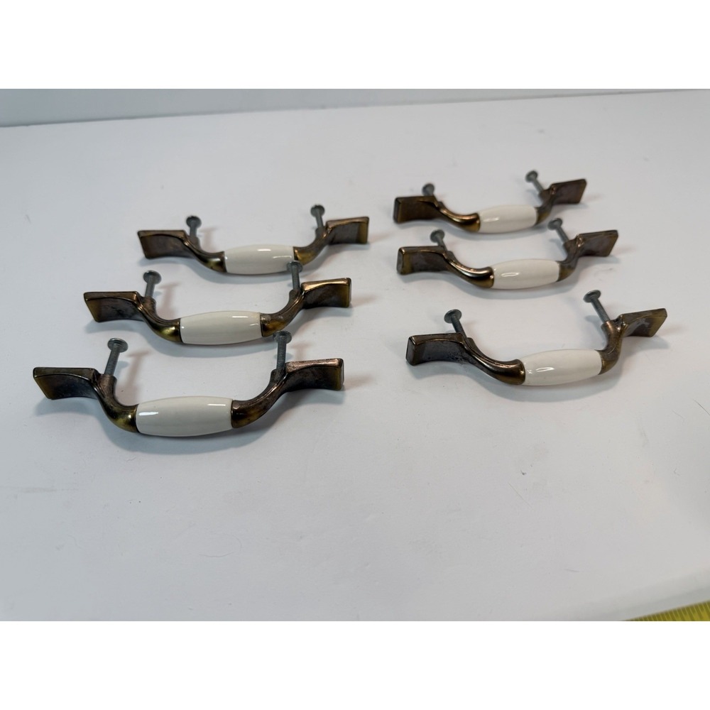 Vintage Cabinet Drawer Handle Pulls‎ Brass Tone White Center Accent 3" Centers